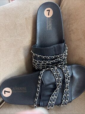 Catherine Malandrino Black Slide Sandals with Silver Chain Detail